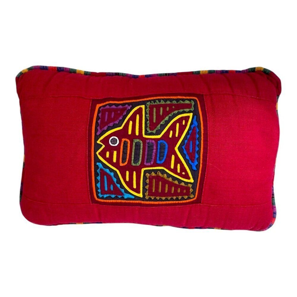 Vintage Mola Handmade Red Throw Pillow Colorful Fish Applique Southwest Original